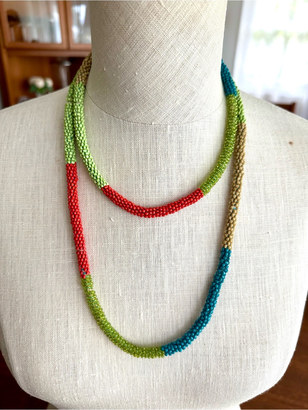 Handmade Multicolor Seed Bead Necklace - Green, Red, Teal, Gold
